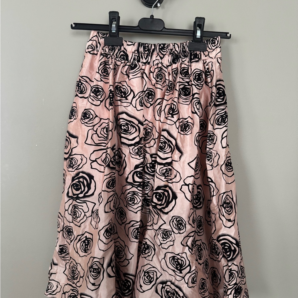 Sky Black and Pink Smocked A-Line Midi Skirt